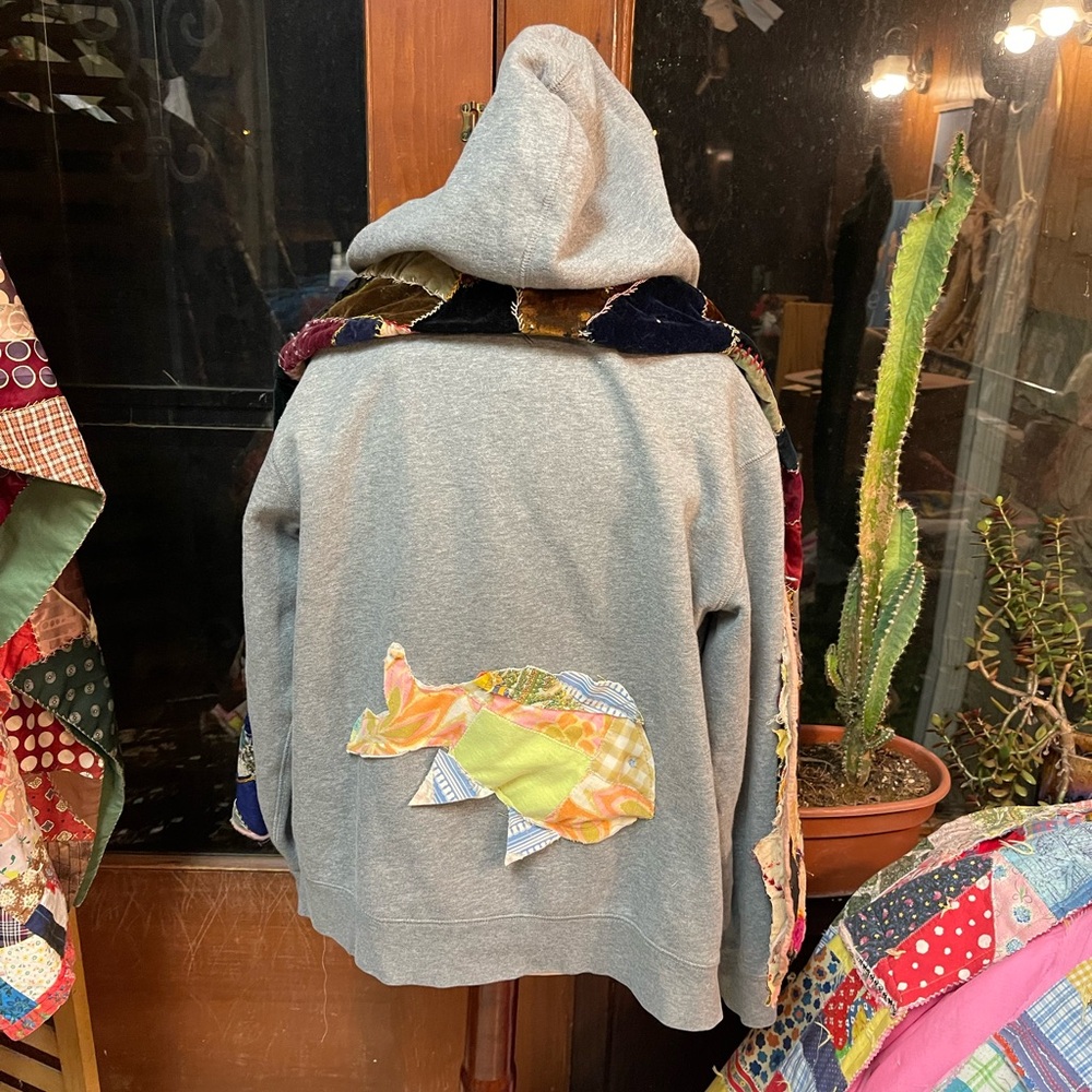 Gray Hoodie With Fish Patchwork Design - image 5